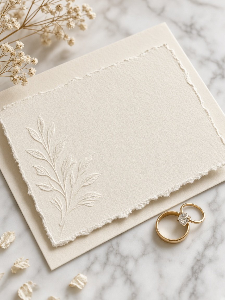 Detalle de papelería e invitación sobre mármol